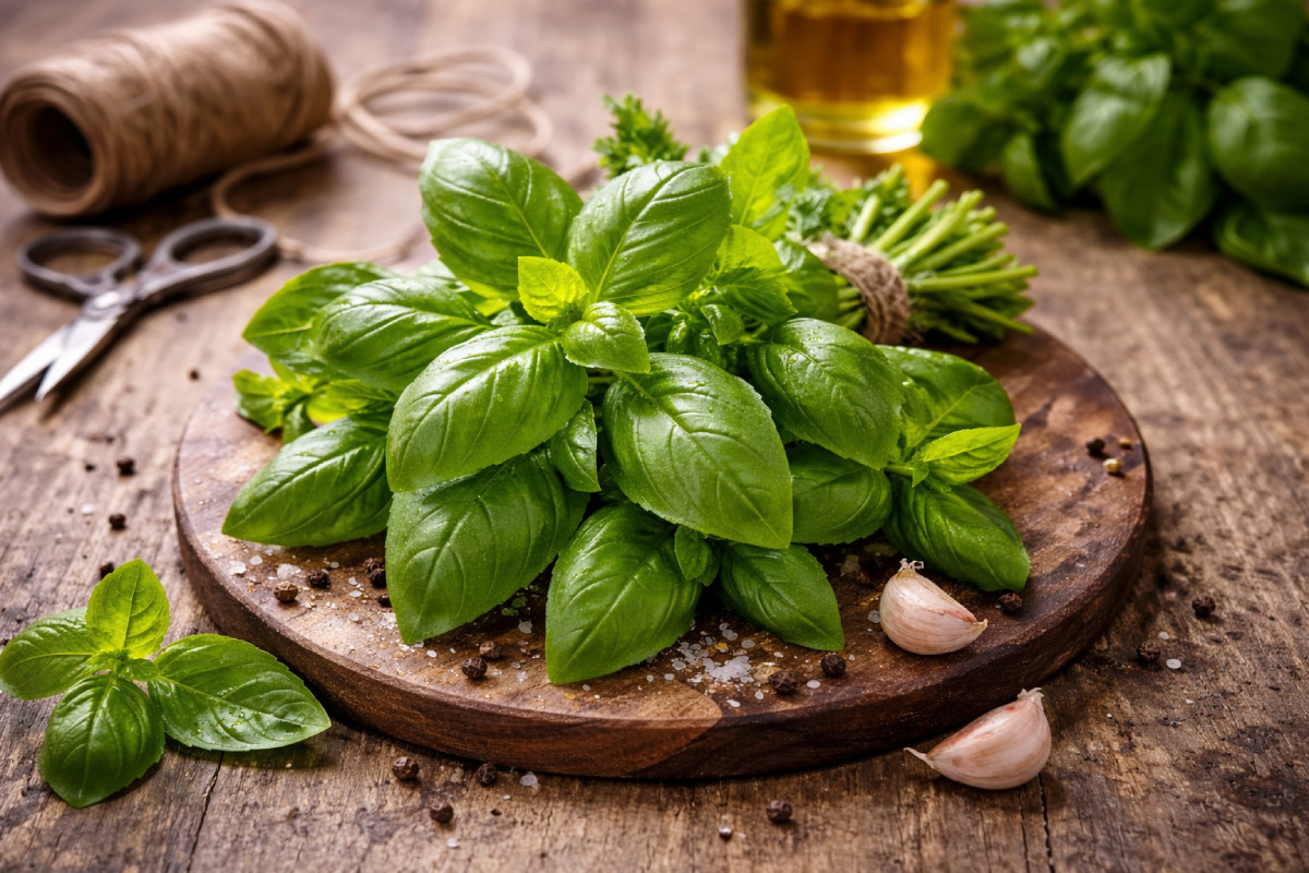 Frunze proaspete de busuioc pe un tocator din lemn, planta aromatica folosita in bucatarie si medicina naturala