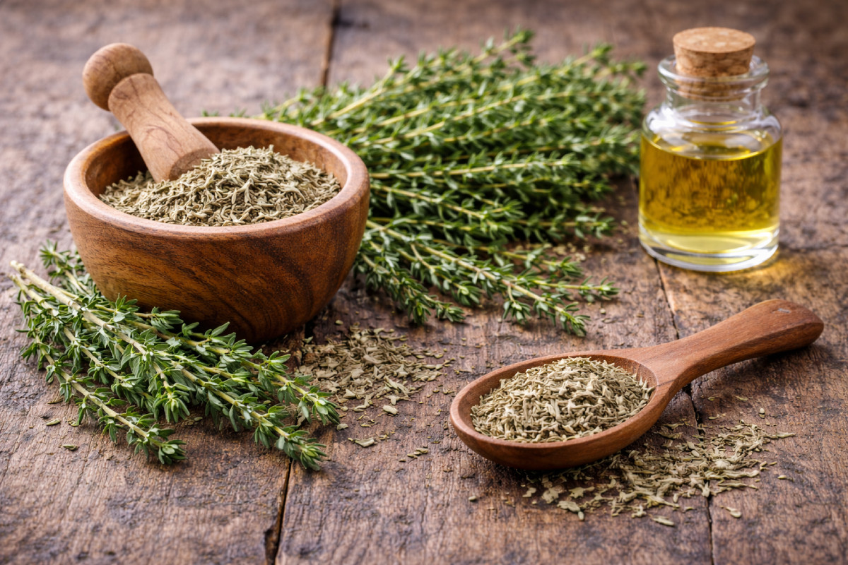 Cimbru proaspat si uscat pe masa rustica de lemn – planta aromatica cu proprietati medicinale