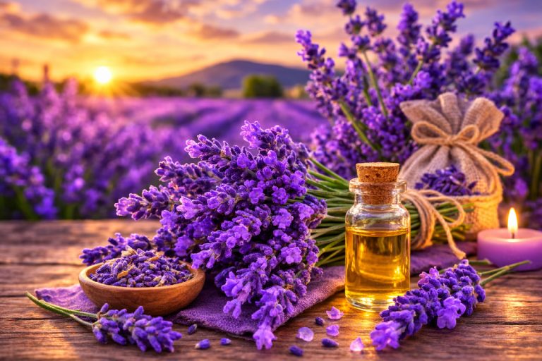 flori de lavanda mov intr-un camp de lavanda in lumina apusului