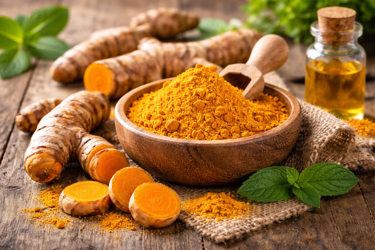 radacina de turmeric proaspata si pudra de turmeric intr-un bol pe o masa rustica din lemn